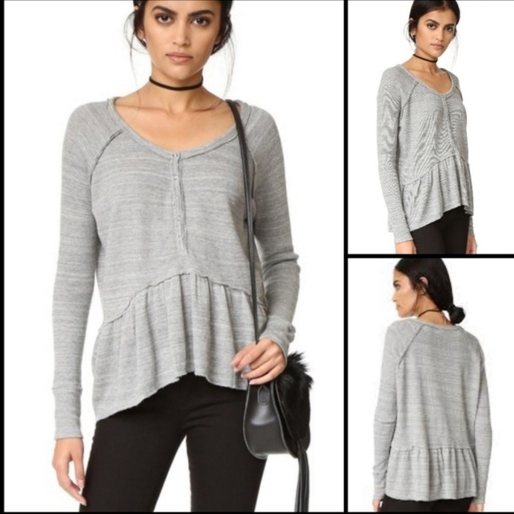 Free People Coastline Gray Thermal Peplum Top Waffle Knit Henley Long Sleeve - Picture 1 of 11